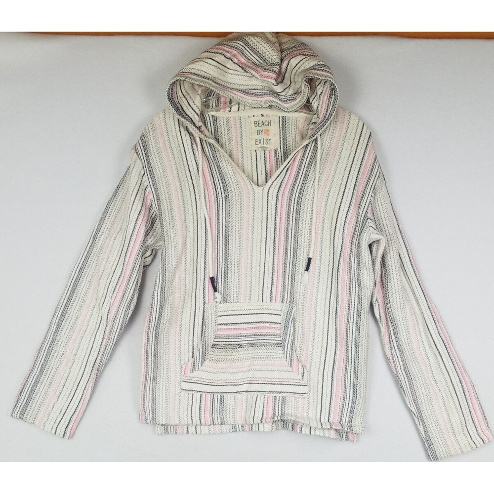 Beach By Exist SZ M White Cotton Aztec Tribal Boho Pattern Pullover Hoodie Strip - Picture 1 of 10